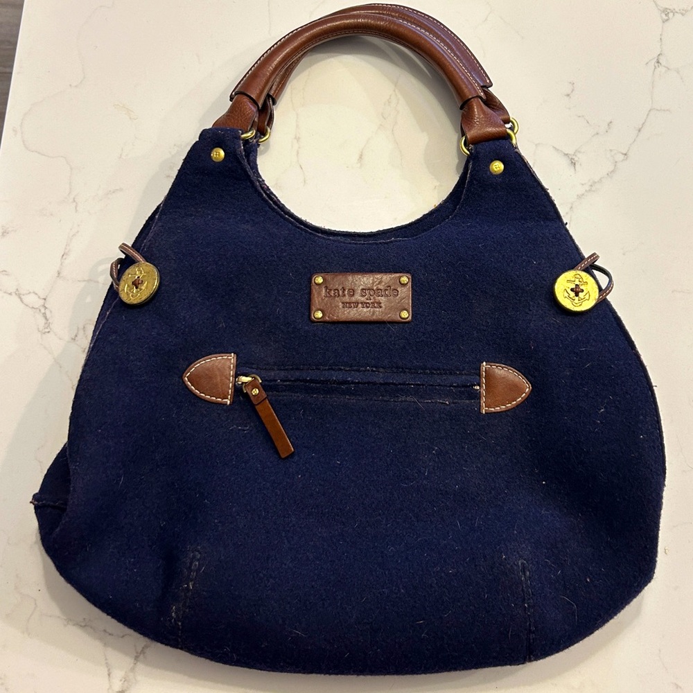 Stylish Vintage Navy Blue Kate Spade Wool Purse with Nautical Anchor Buttons